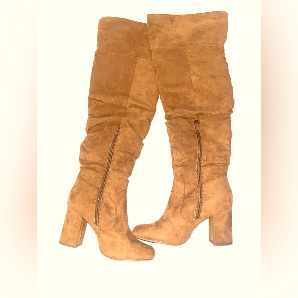 Knee high suede, heeled boots